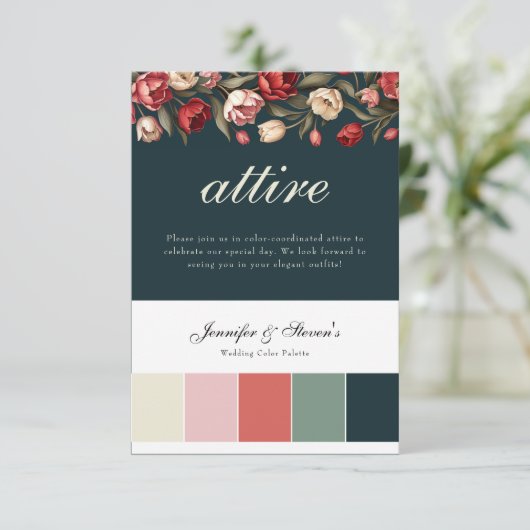 Smaragdgroene en rode tulp trouwkleding informatiekaartje (Staand voorkant)