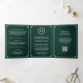 Smaragdgroene en witte monogram QR-code trouwkaart Drieluik Uitnodiging (Binnen)