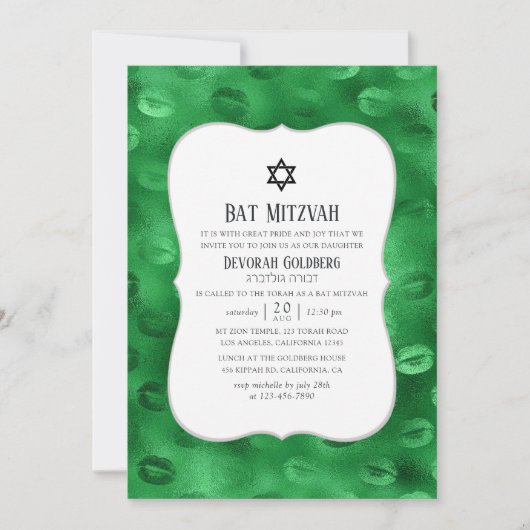 Smaragdgroene en zwarte Glam Bat Mitzvah Kaart (Voorkant)