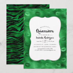 Smaragdgroene en zwarte glamour Quinceañera Kaart