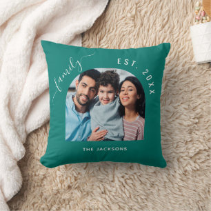 Smaragdgroene familiefoto naam jaar kussen
