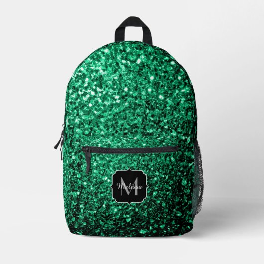 Smaragdgroene faux glitter fonkelt Monogram Bedrukte Rugzak (Voorkant)