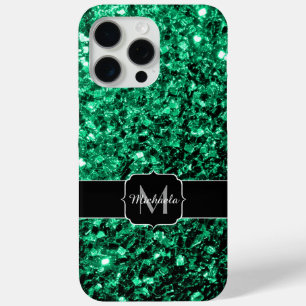 Smaragdgroene faux glitter fonkelt Monogram iPhone 15 Pro Max Hoesje