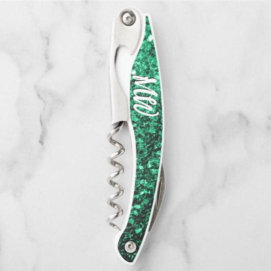 Smaragdgroene faux glitter fonkelt Monogram Kurkentrekker (Voorkant)