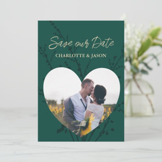 Smaragdgroene Foto Hart Vorm Save The Date    Kaart (Staand voorkant)