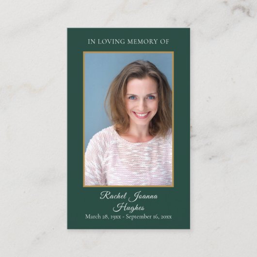 Smaragdgroene Foto Rouw Herdenkings Gebedskaarten Visitekaartje (Voorkant)