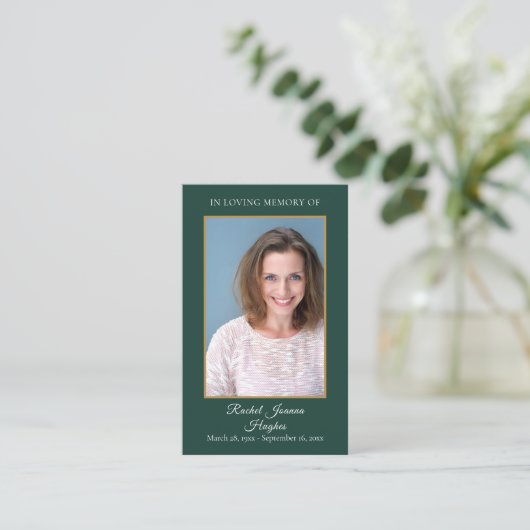 Smaragdgroene Foto Rouw Herdenkings Gebedskaarten Visitekaartje (Staand voorkant)