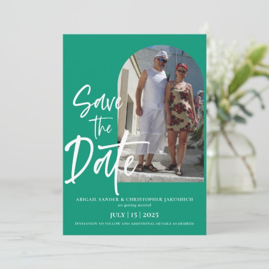 Smaragdgroene foto Save the date Uitnodiging (Staand voorkant)