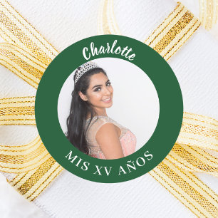 Smaragdgroene fotonaam Quinceanera Ronde Sticker