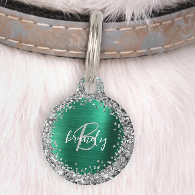 Smaragdgroene Geborstelde Metaal Glitter Monogram  Huisdierpenning (Creator heeft geüpload)