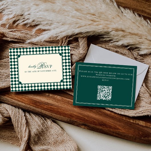 Smaragdgroene geruite oude geld QR-code bruiloft RSVP Kaartje
