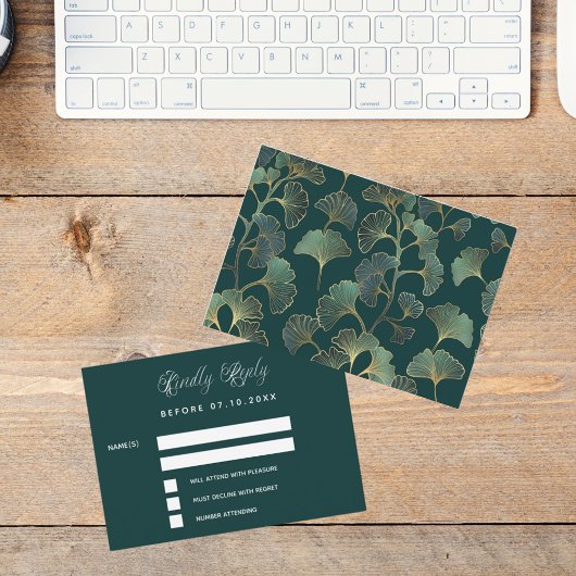Smaragdgroene ginkgo verlaat trouwreactie RSVP Notitiekaartje