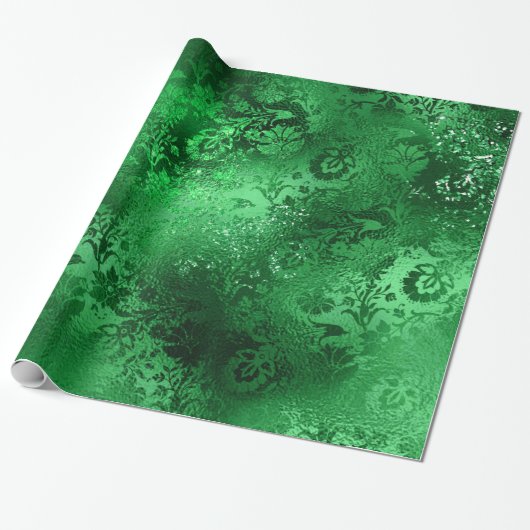 Smaragdgroene Glam Damast Patroon Cadeaupapier (Uitgerold)