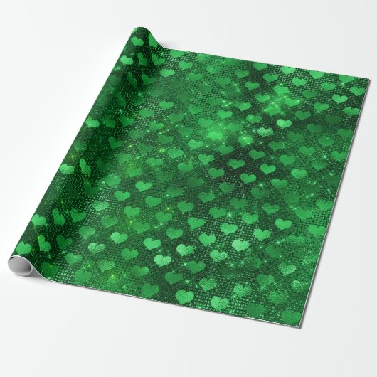 Smaragdgroene Glam Harten Patroon Cadeaupapier (Uitgerold)