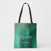 Smaragdgroene Glam Metallic Script Bruidsmeisje Tote Bag (Voorkant)