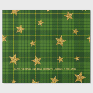 Smaragdgroene Glans Tartan Gouden Ster Gepersonali Cadeaupapier