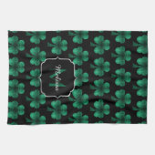 Smaragdgroene Glitter Klaver zwarte Monogram Theedoek (Horizontaal)