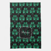 Smaragdgroene Glitter Klaver zwarte Monogram Theedoek (Verticaal)