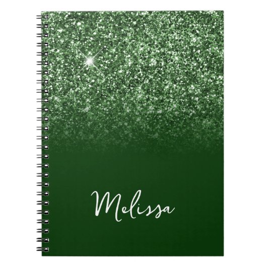 Smaragdgroene Glitter Ombre Script Naam Notitieboek (Voorkant)