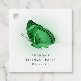 Smaragdgroene gloeiende vlinder en damast bedankjes labels