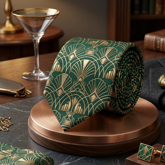 Smaragdgroene Goud Art Deco Gatsby Geometrisch Stropdas