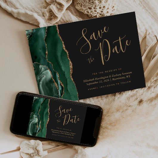 Smaragdgroene goudagaat donkere Save the Date kaar Kaart