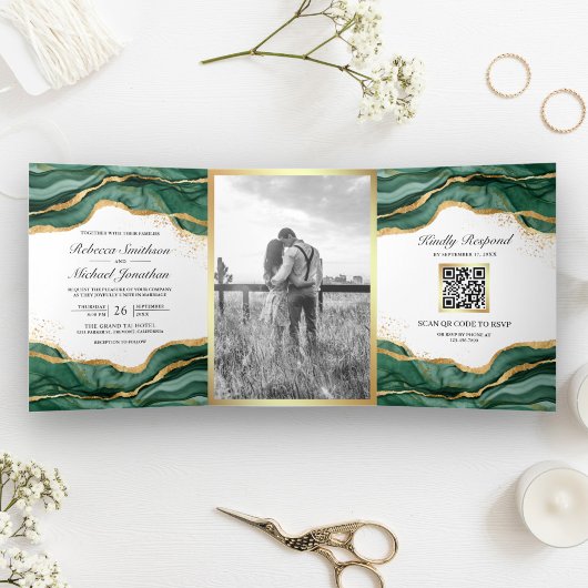 Smaragdgroene gouden abstracte inkt QR-code bruilo Drieluik Uitnodiging