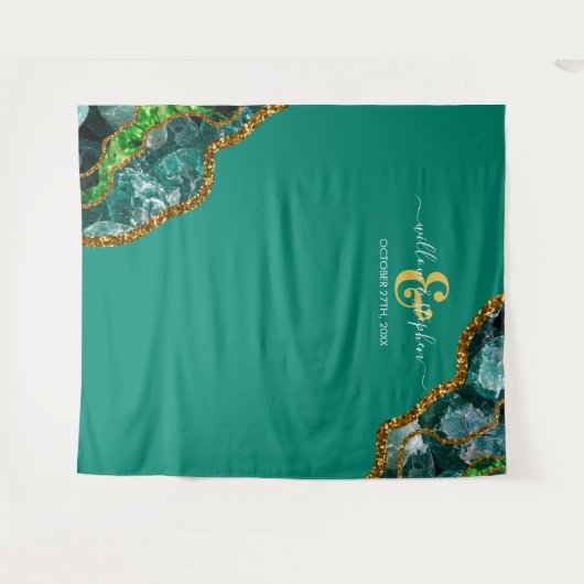 Smaragdgroene & Gouden Agaat Geode Trouwachtergron Wandkleed (Voorkant (horizontaal))