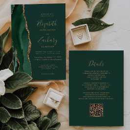 Smaragdgroene gouden agaat QR-code bruiloft Kaart