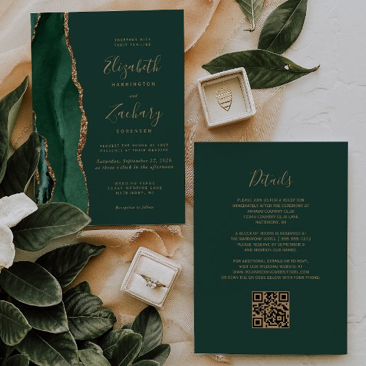 Smaragdgroene gouden agaat QR-code bruiloft Kaart