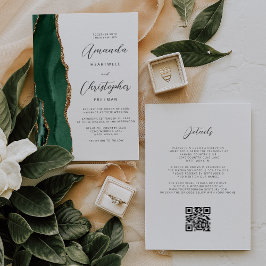 Smaragdgroene gouden agaat QR-code bruiloft Kaart