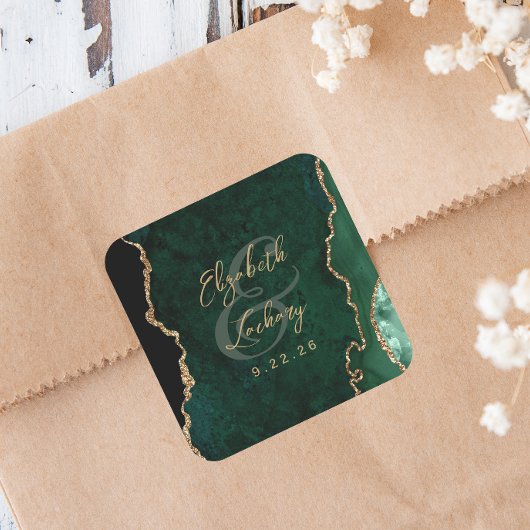 Smaragdgroene Gouden Agaat Script Bruiloft Vierkante Sticker