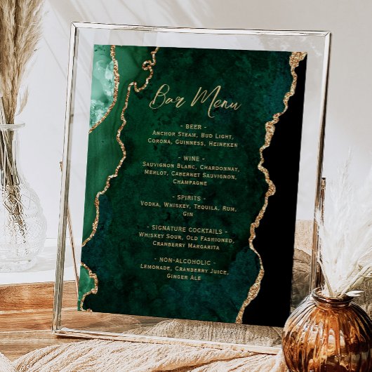 Smaragdgroene gouden agaat script bruiloftsbarmenu poster