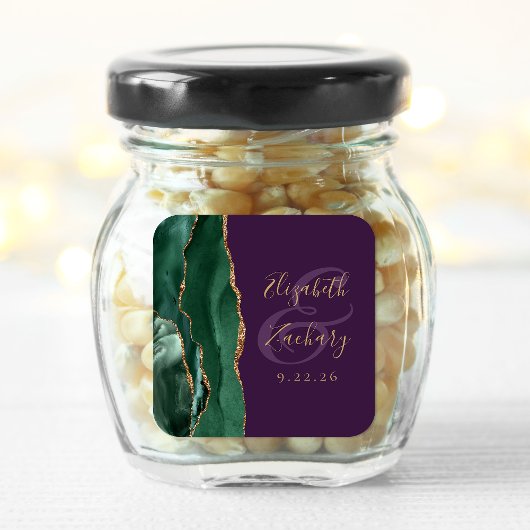 Smaragdgroene Gouden Agaat Script Paarse Bruiloft Vierkante Sticker