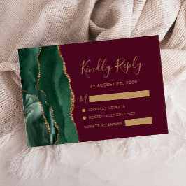 Smaragdgroene Gouden Agate Burgundy Bruiloft RSVP Kaartje