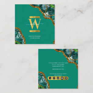 Smaragdgroene & Gouden Agate Geode Glitter Monogra Vierkante Visitekaartje