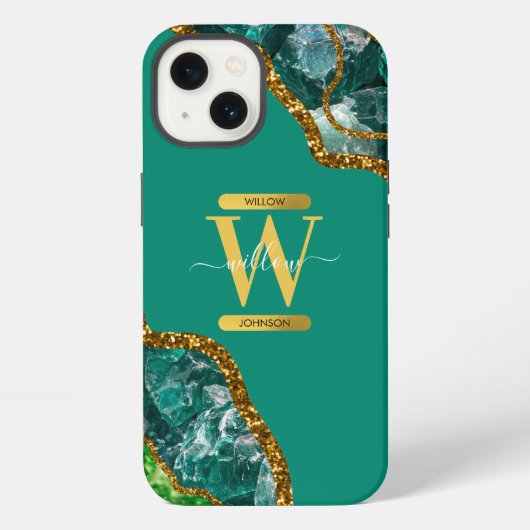 Smaragdgroene & Gouden Agate Geode Initiaal iPhone Hoesje (Achterkant)