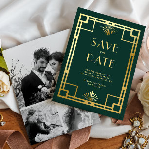 Smaragdgroene gouden Art Deco-foto-collage bruilof Save The Date