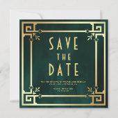 Smaragdgroene gouden art deco fotocollage bruiloft save the date (Voorkant)