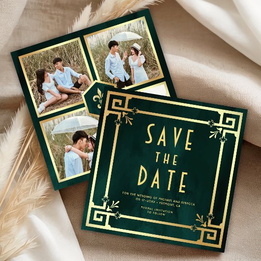 Smaragdgroene gouden art deco fotocollage bruiloft save the date