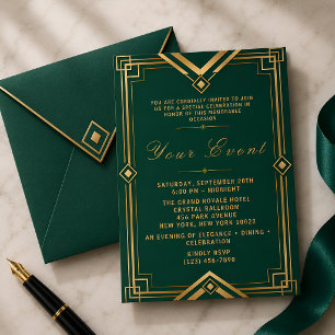 Smaragdgroene Gouden Art Deco Luxe Galafeest Kaart