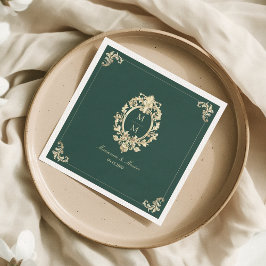 Smaragdgroene Gouden Barok Monogram Bruiloft Servet
