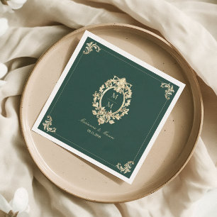 Smaragdgroene Gouden Barok Monogram Bruiloft Servet