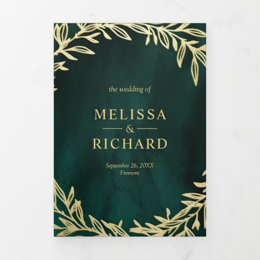 Smaragdgroene gouden blad tak alles-in-één bruilof drieluik uitnodiging (Cover)