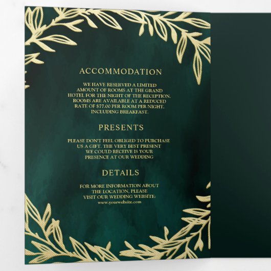 Smaragdgroene gouden blad tak alles-in-één bruilof drieluik uitnodiging (Binnenzijde eerst)