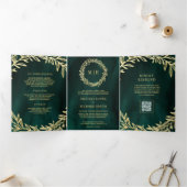 Smaragdgroene Gouden Blad Tak QR Code Trouwen Drieluik Uitnodiging (Binnen)