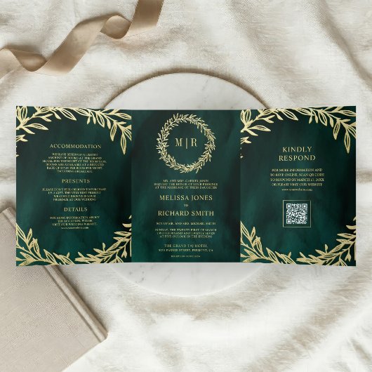 Smaragdgroene Gouden Blad Tak QR Code Trouwen Drieluik Uitnodiging