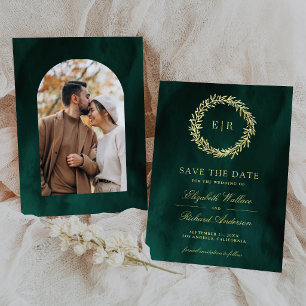 Smaragdgroene gouden blad tak trouwfoto save the date