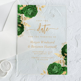 Smaragdgroene Gouden Bloem Bruiloft Save the Date Acryl Uitnodigingen