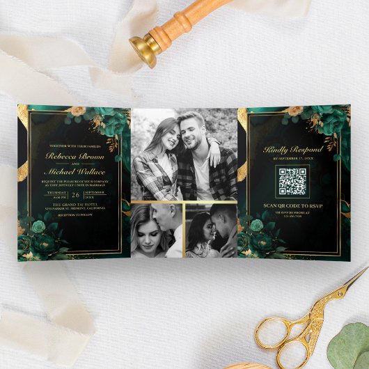 Smaragdgroene Gouden Bloem Marmer QR Code Bruiloft Drieluik Uitnodiging